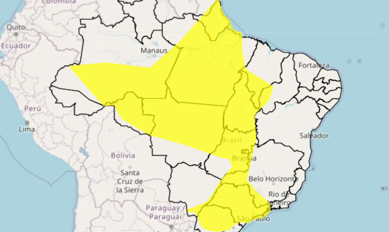 o mapa mostra as &aacute;reas em alerta para tempestade e chuva intensa